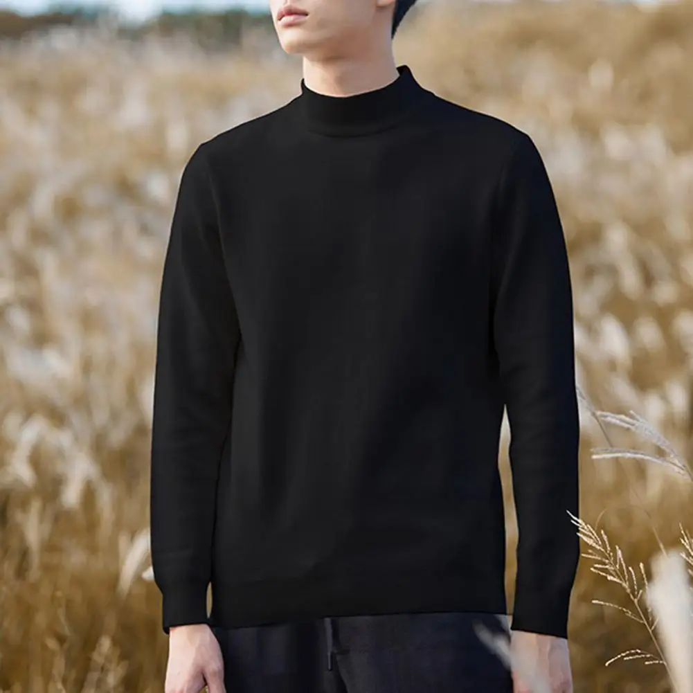 Sweater Pullover Men's Half-high Collar Knit Sweater with Slim Fit Thick Elastic Long Sleeves Solid Color Design for Fall Winter