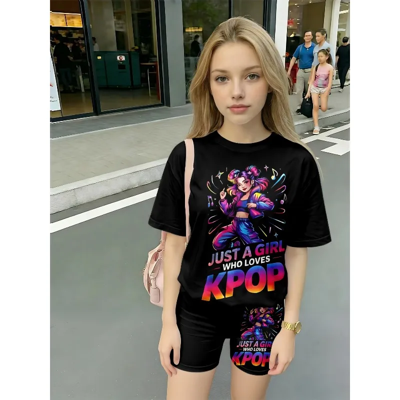 Just A Girl Who Likes K-Pop Gradient Print Casual T-shirt and Shorts Set, Suitable for Birthday Gift Casual and Comfortable Set