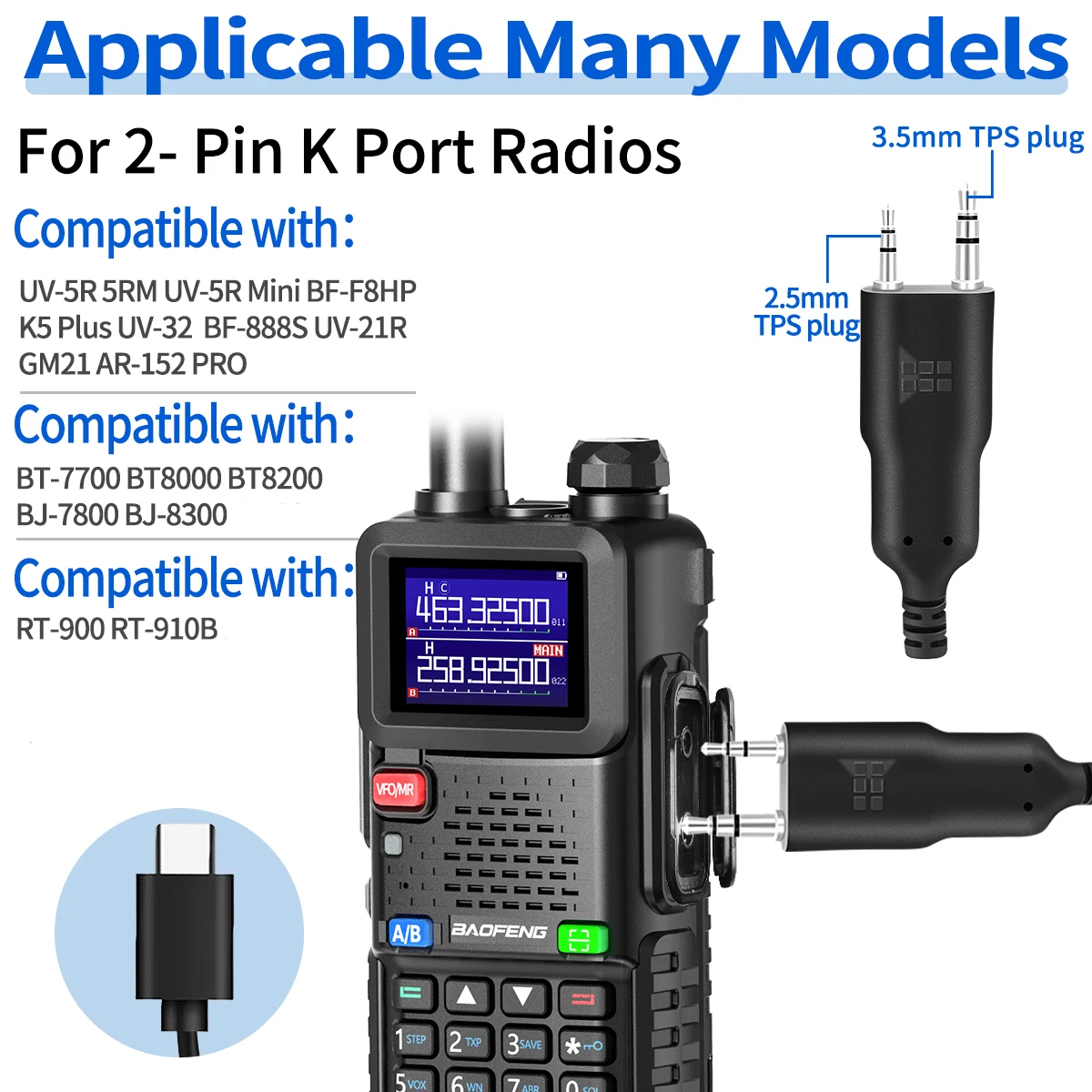 ABBREE سماعة لاسلكية تعمل بالبلوتوث الهاتف APP كابل برجمة ل Baofeng UV 5RH UV-5R Mini BF-888S UV-21 Quansheng UV-K5 اسلكية تخاطب