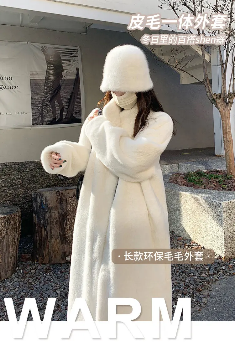 Women's Thick Faux Mink Fur Mid-length Coat Autumn Winter Fashion Stand Collar Plush Outerwear Women Elegant Warm Fluffy Jackets