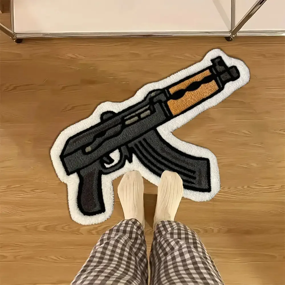 VIKAMA Special‑shaped AK Gun Plush Rug Cartoon Weapon Outline Design Soft Fluffy Non‑slip Bedroom Household Floor Mat