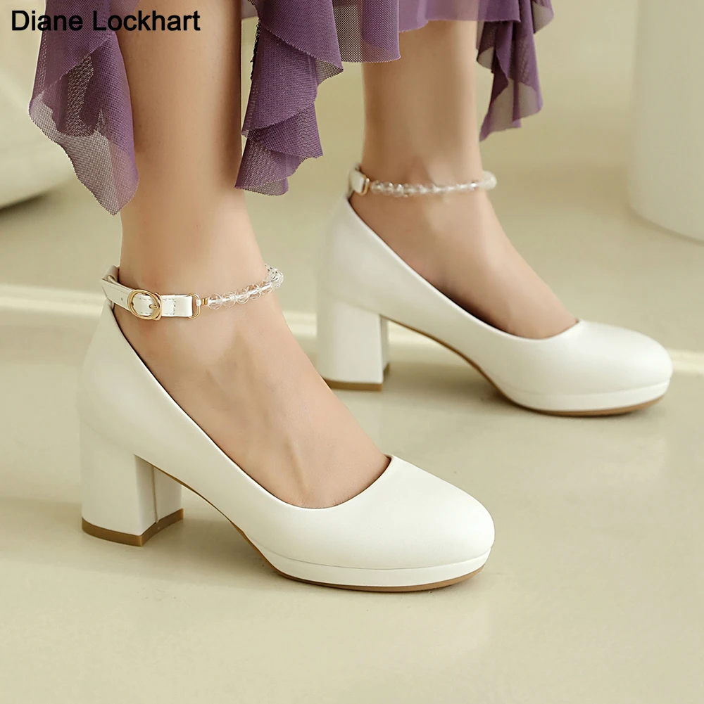 Women Platform High Heels Cover Toe Ankle Strap Pumps Office Lady Shoe White Mary Janes Ladies chunky Shoes Dress Big size 33 42