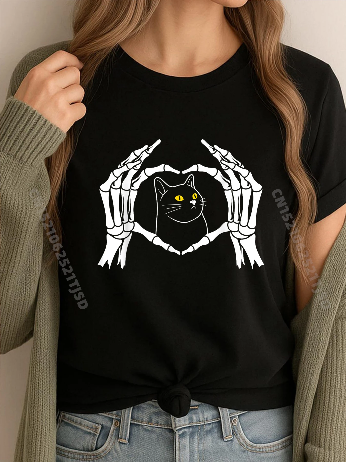 

Скелет Руки Сердце Знак Ретро Хэллоуин Костюм Любители Кошек Роскошная Футболка Женская Высокое Качество Мужская Одежда Веганская