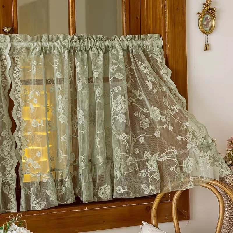 1pc Morandi Green Lace Half Curtain, Ruffled Hem, Rental Kitchen Bathroom Window Sheer