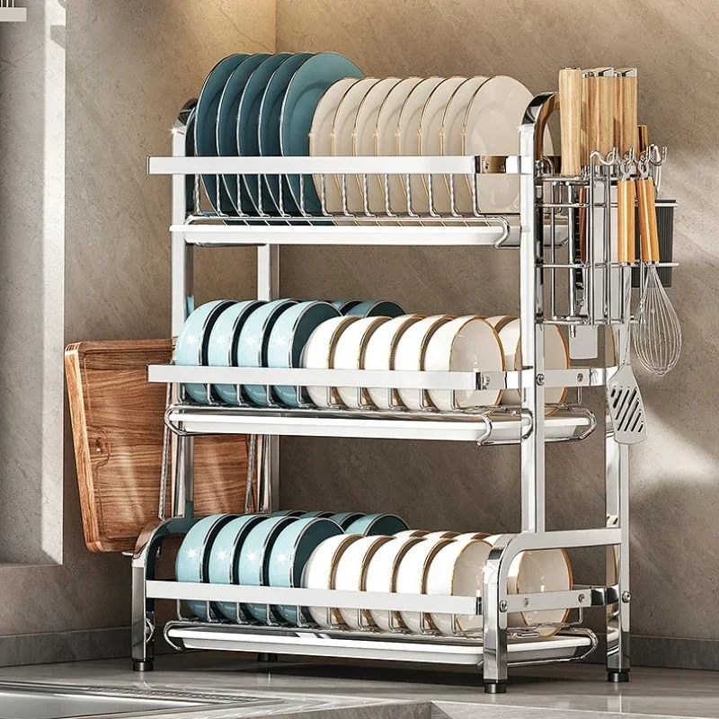 

3 Tier Tableware Rack 304 Stainless Steel Dish Drying with Tray Kitchen Counter Storage Holder with Cutting Board Organizer