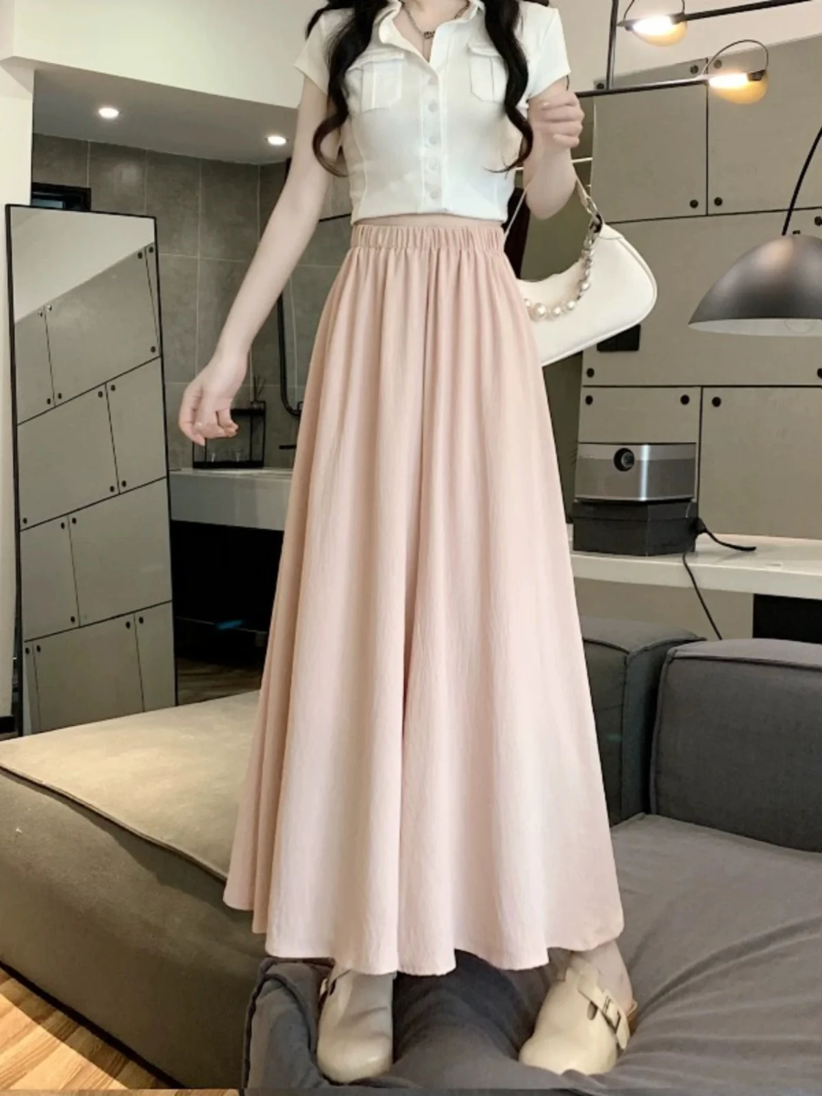

Pink Loose Drapey Wide Leg Pants Women's Summer New Small Size A-Line Casual Thin Pants Long Skirt-Sle INS High Waist Midi ...
