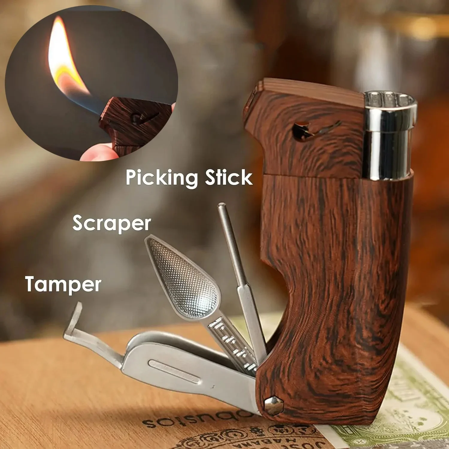 Multi Functional Integrated Tobacco Pipe Lighter with Pipe Tools Tamping Shovel Pick Up Smoking Accessories Men's Gift