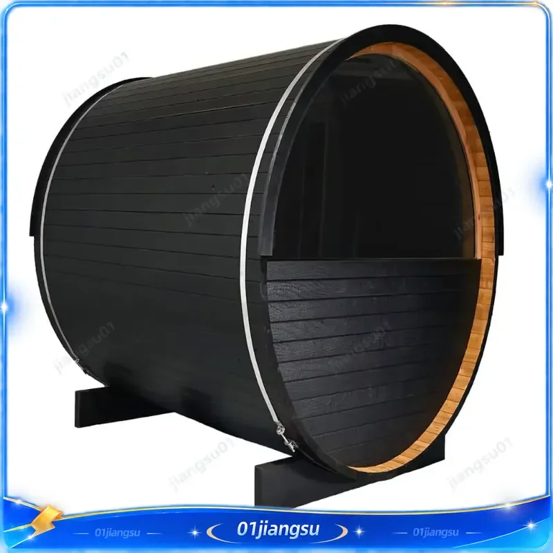 4 Person Outdoor Cedar Wood Stove Sauna Room Half Glass Back Traditional Steam Barrel Bath House Kit for Garden Spa Wellness