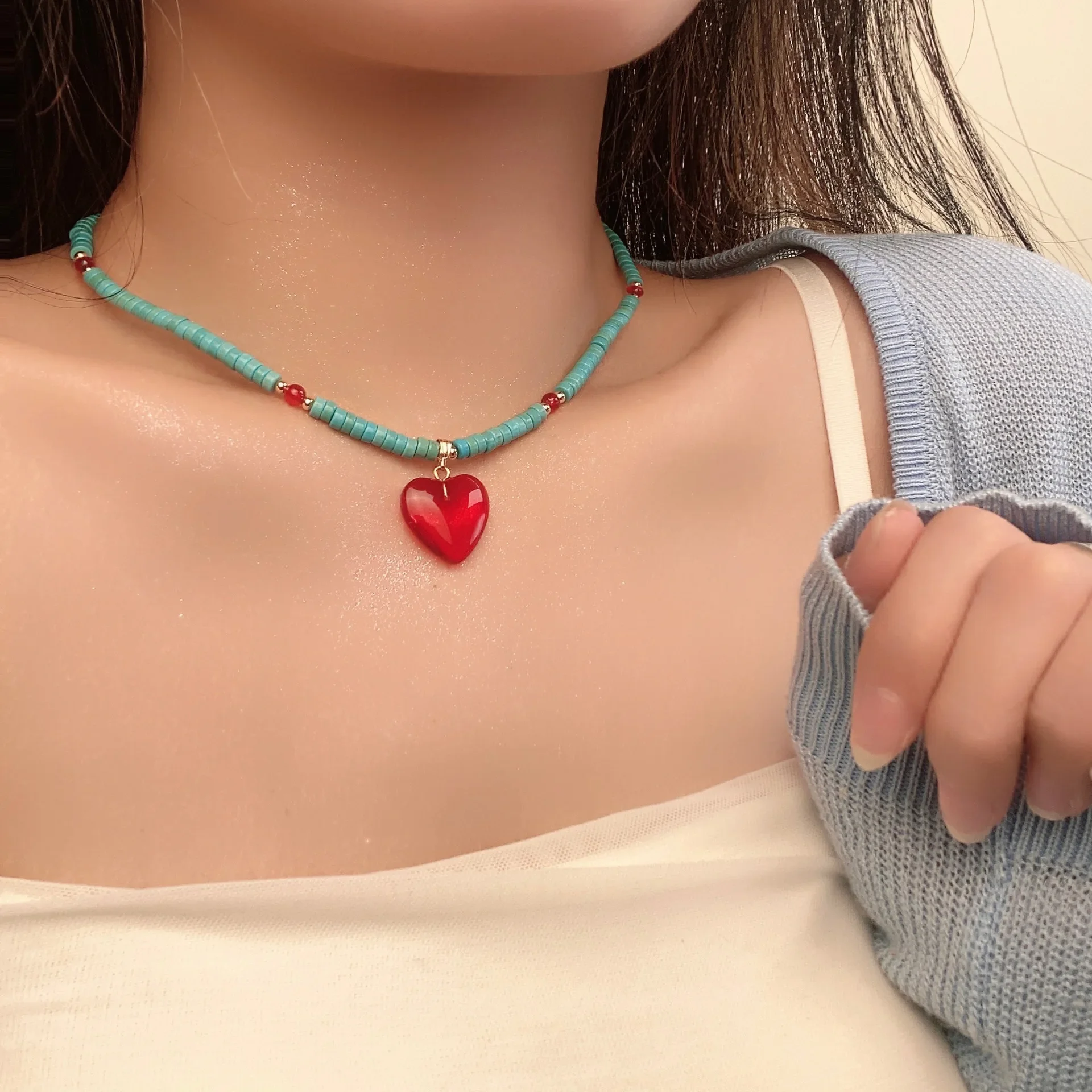 Vintage Colored Harajuku Beaded Star Sun Moon Heart Necklace Women Chinese Style Ethnic Handmade Jewelry Fashion Y2K Charm Gifts