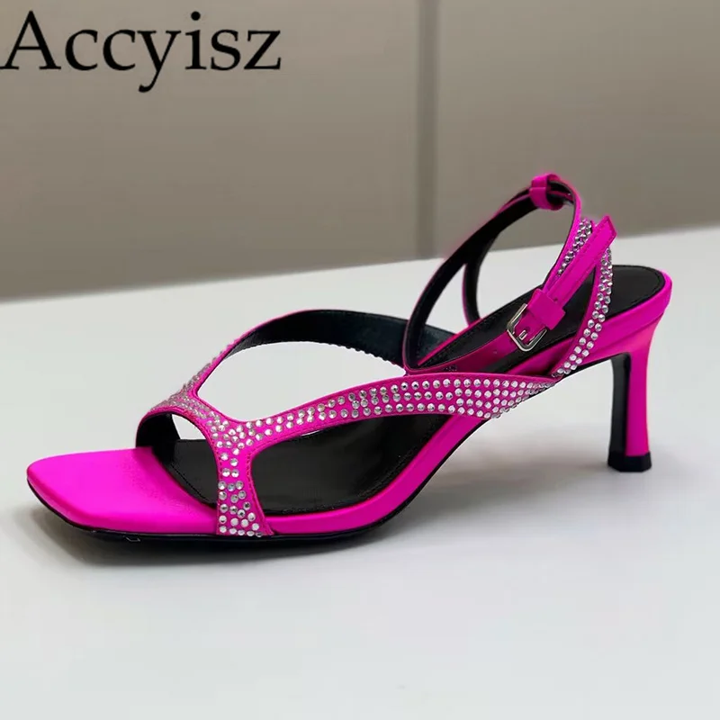 

Summer Minimalist Versatile Slim Heel Sandals Women's Solid Crystal Decorative Ankle Strap Sandalias Daily Casual Commuting Shoe