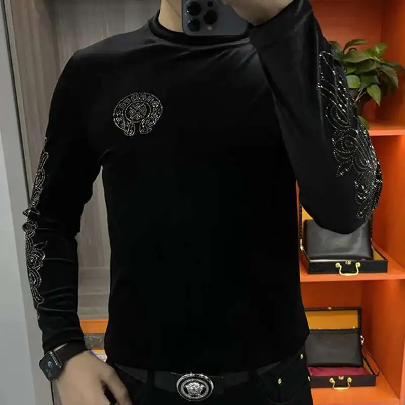 

European Style Spring Men Fashion Gold Velvet Thick Long Sleeve Bottom Shirt Comfortable Lazy Hot Diamond Vintage T Shirts Men