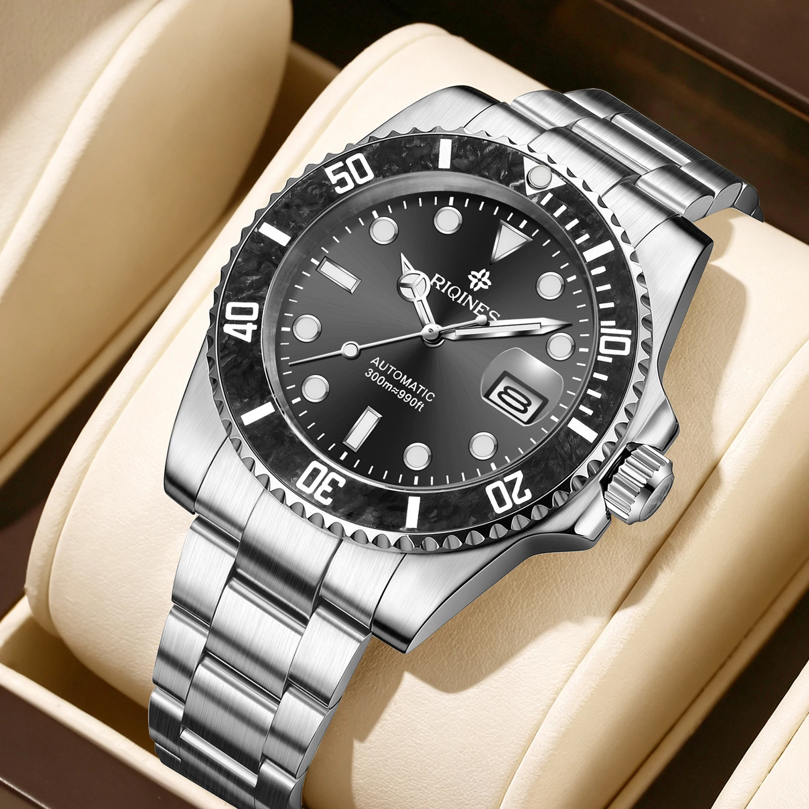 RIQINES luxury luminous men's fully automatic mechanical watch, imported movement from Meiyouda, stainless steel waterproof watc