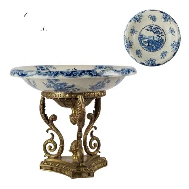 luxury handmade blue and white porcelain with brass home decoration accessories square base bird fruit basin dish bowl