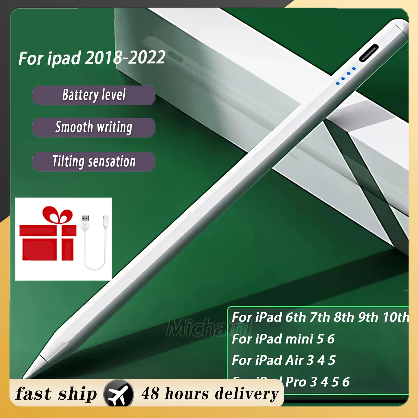 For iPad Pencil with Palm Rejection Tilt,for Apple Pencil 2 2018-2022 Stylus Pen iPad Pro 11 12.9 Air 4/5 7/8/9/10th mini 5 6