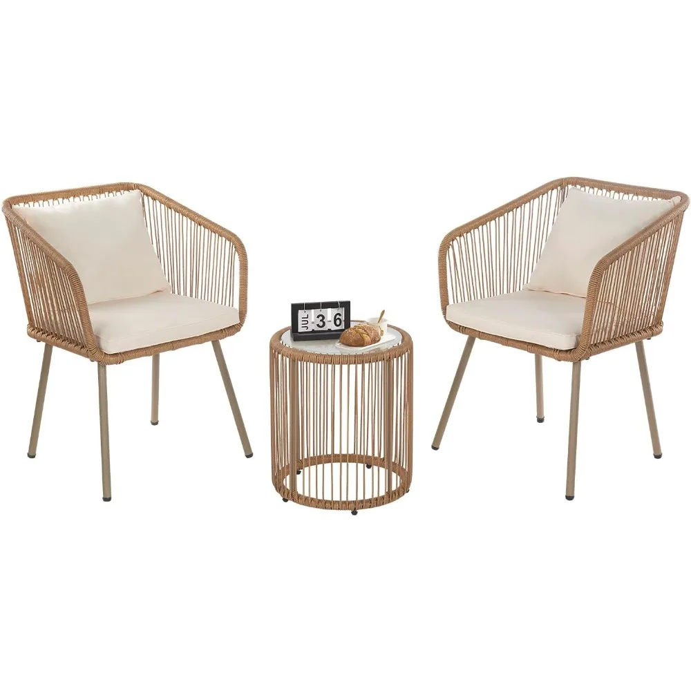 

3-Piece PE Rattan Bistro Furniture Set Patio Rattan Conversation Set Patio Furniture Set Glass Coffee Table Top and 2 Chairs