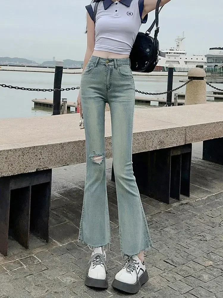 Denim Cropped Pants for Women Ripped Trousers Shot Womens Flare Jeans Basics Fitted Stylish Harajuku Fashion Original Stretch