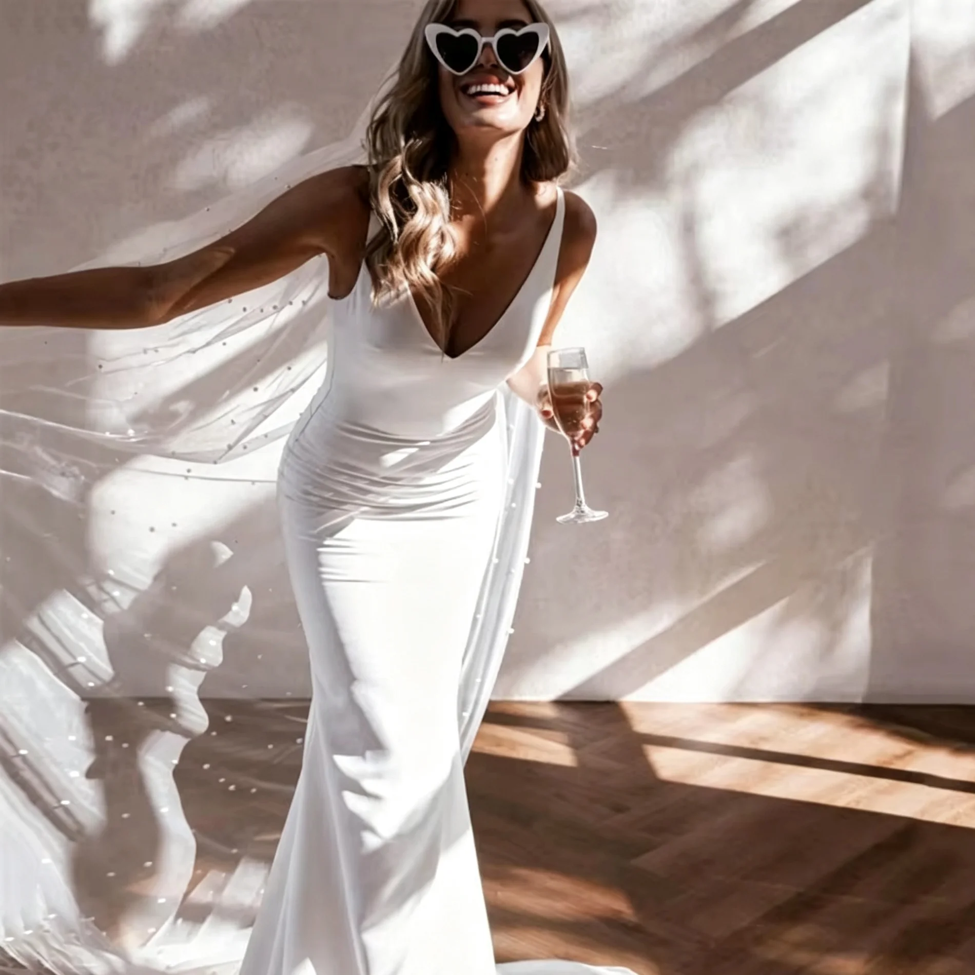 Spaghetti-Träger Satin Meerjungfrauen-Brautkleid mit tiefem V-Ausschnitt, offenem Rücken, Perlen-Schleier und langer Schleppe – schlichtes Brautkleid für den Standesamt
