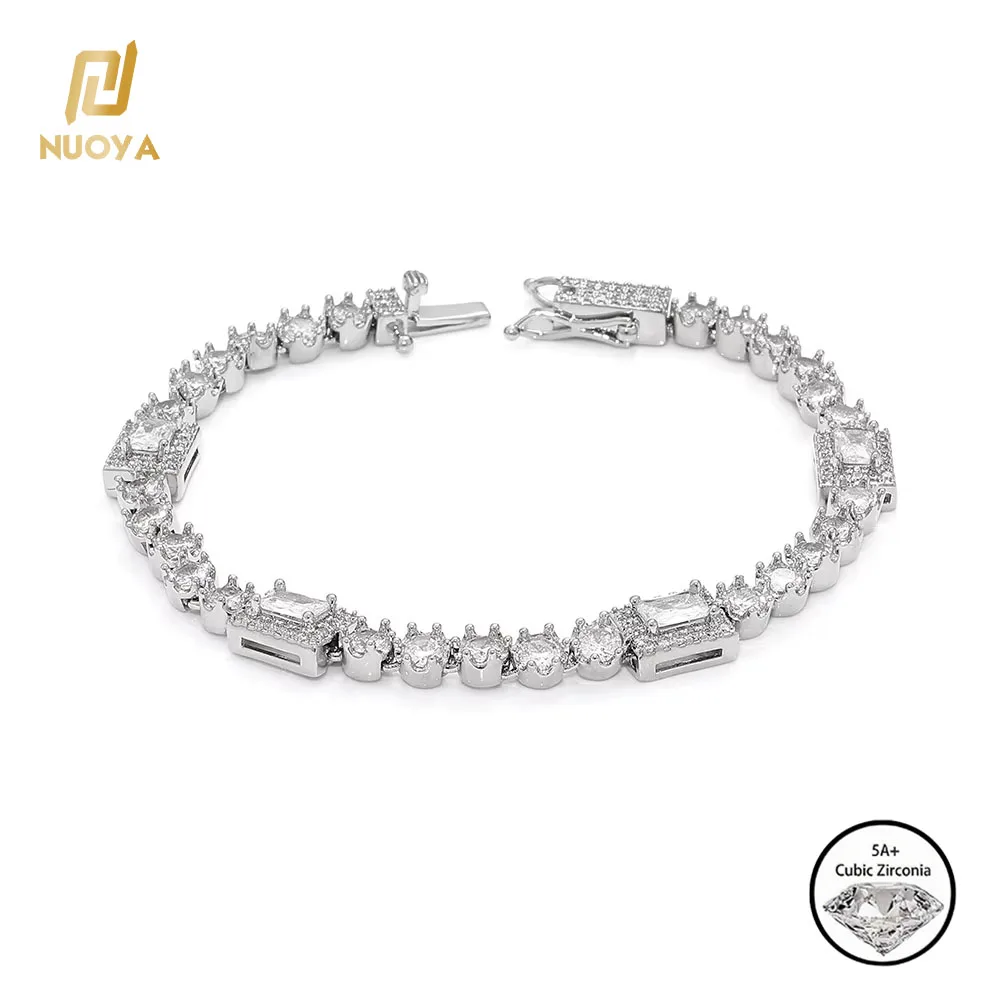 Nuoya Men Iced Out Tennis Bracelet Copper Inlaid Round & Rectangle Cubic Zirconia Bling Hip Hop Bracelet Punk Street Jewelry