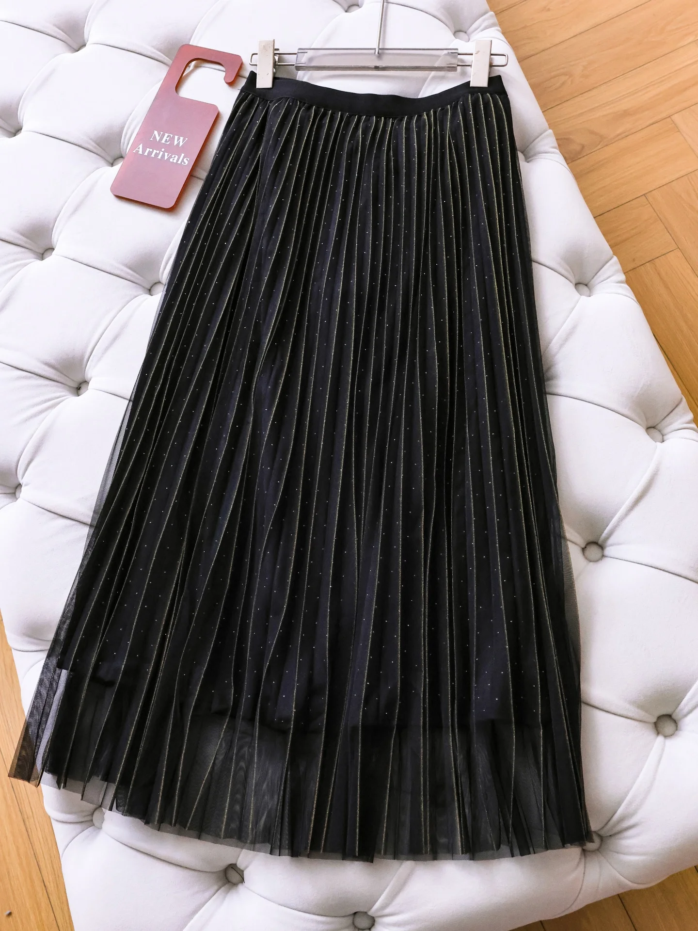 

Heavy Duty Rhinestone A-Line Skirt High Waist Mesh Women's Skirt Elastic Waist Large Flounce Long Skirt Slimming Q535