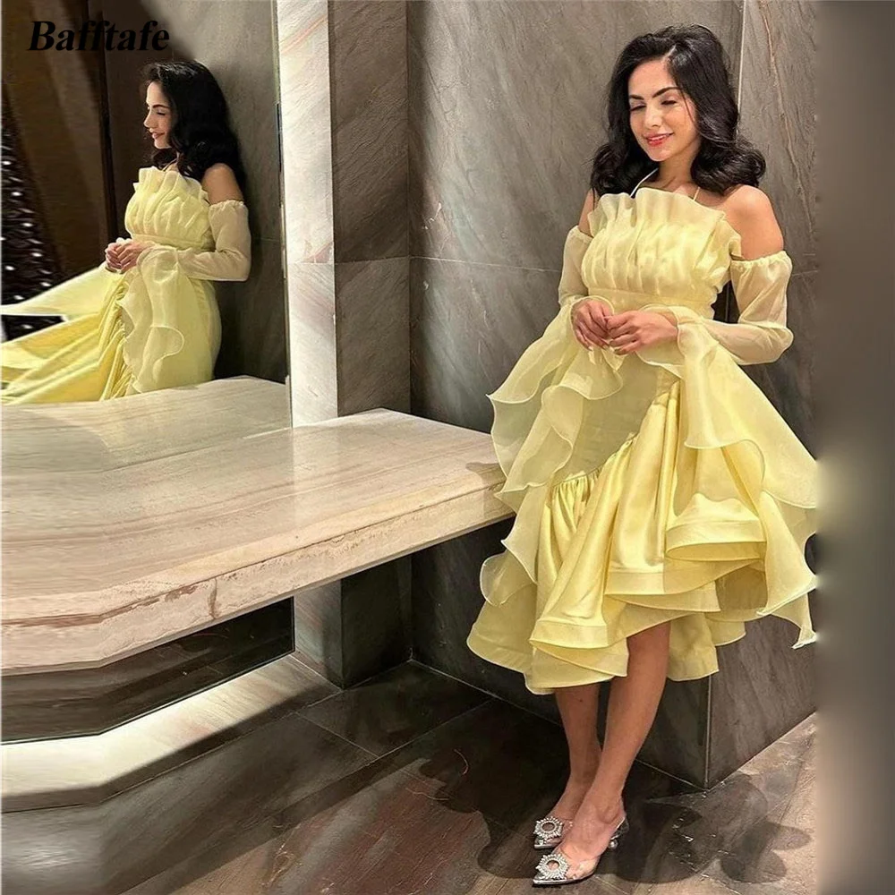 

Bafftafe Yellow Organza Satin Prom Dresses Long Sleeves Pleated Saudi Arabic Evening Gowns Formal Wedding Party Dress Women Wear