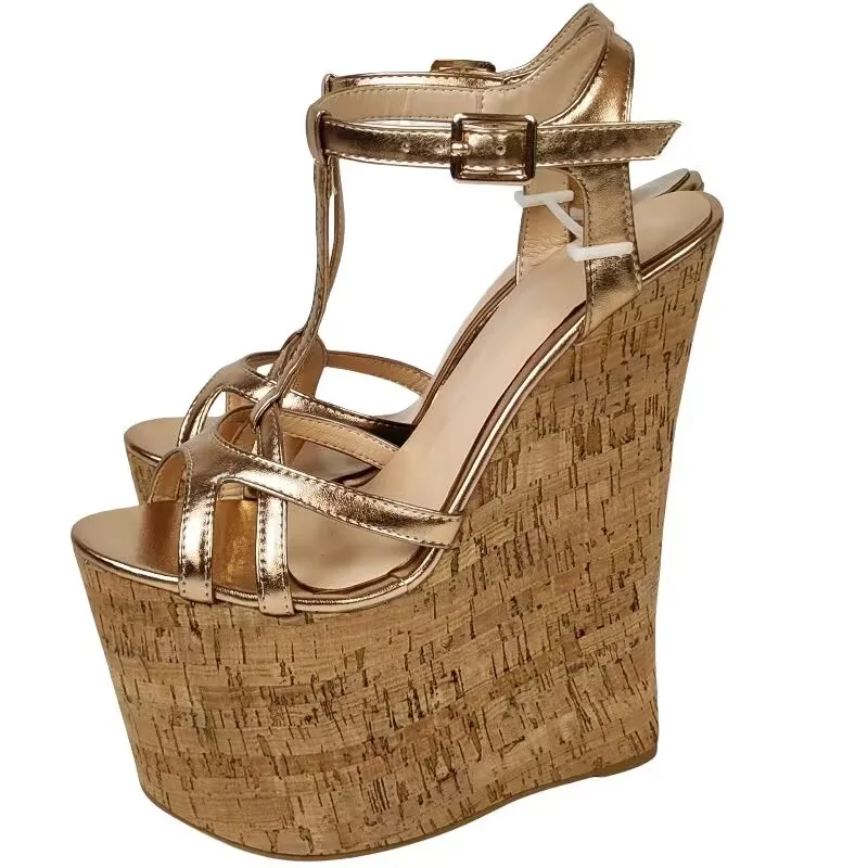 DIZHUANG Sandalias sexy de tacón alto para mujer. Sandalias doradas de piel sintética. Aproximadamente 20 cm de altura del tacón. Sandalias de verano con pendiente. TAMAÑO: 34-46