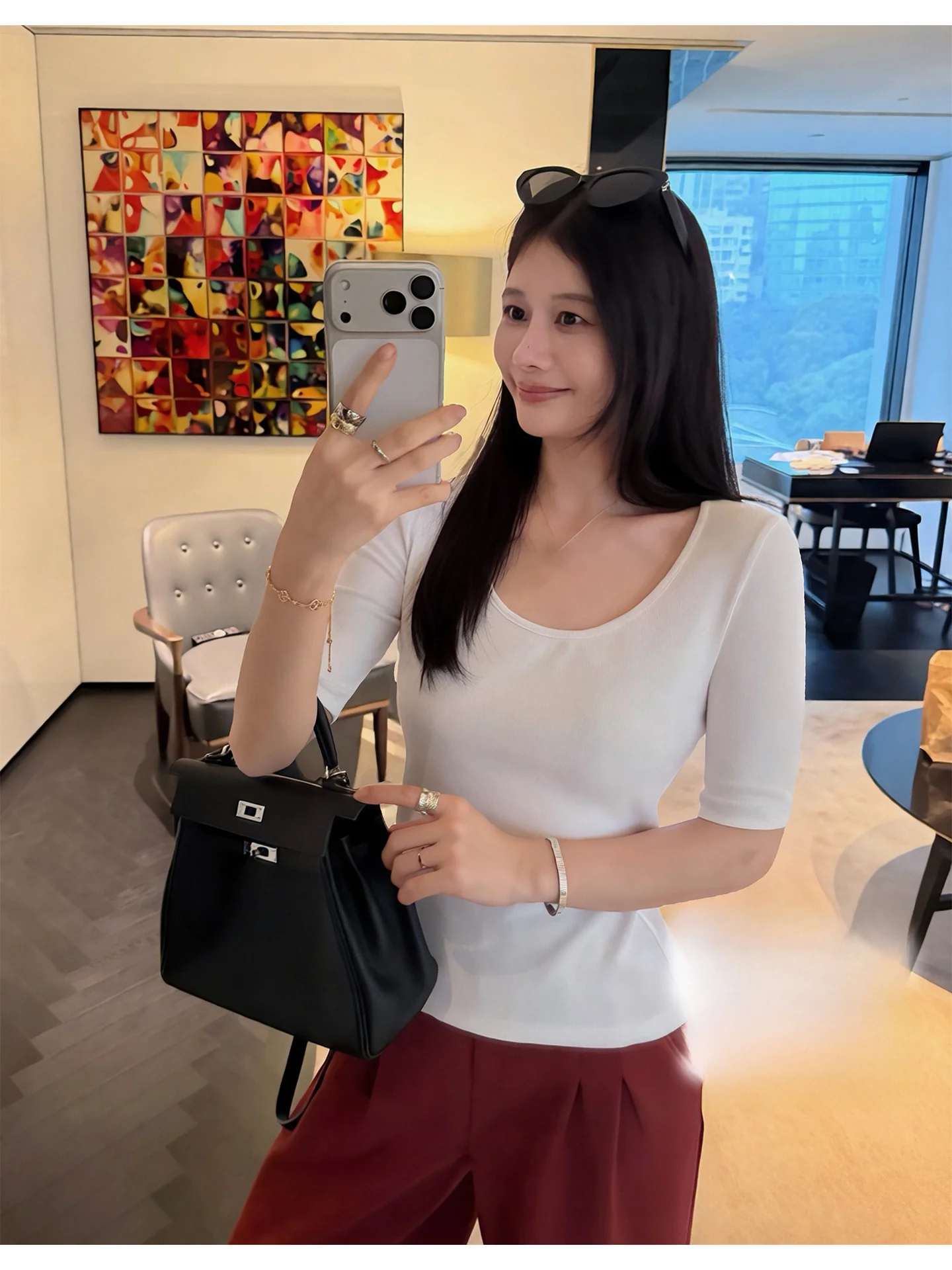 

Женская футболка EKOOL с коротким рукавом, приталенная, в корейском стиле, с U-образным вырезом, дышащая, комфортная, из смесового хлопка, летняя новинка