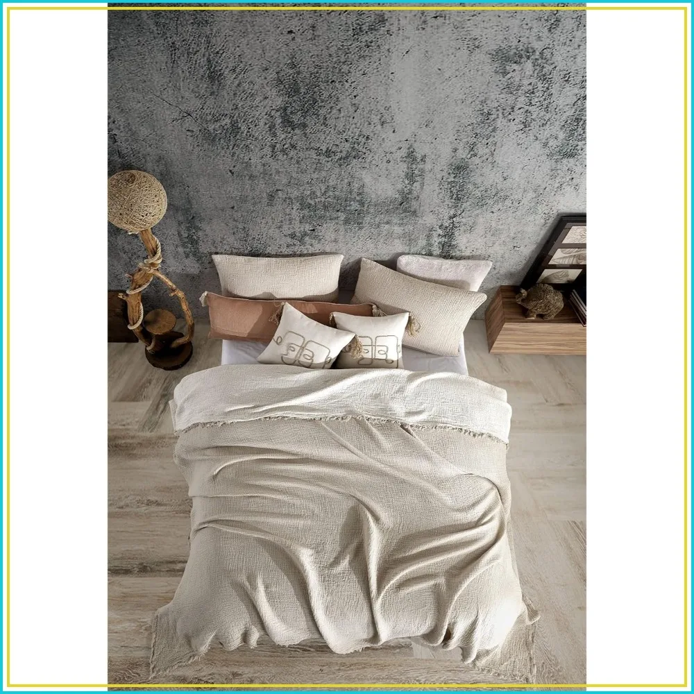 100% Organic Cotton 4-Layer Muslin Throw and Pillowcase, Mink Beige 100x120