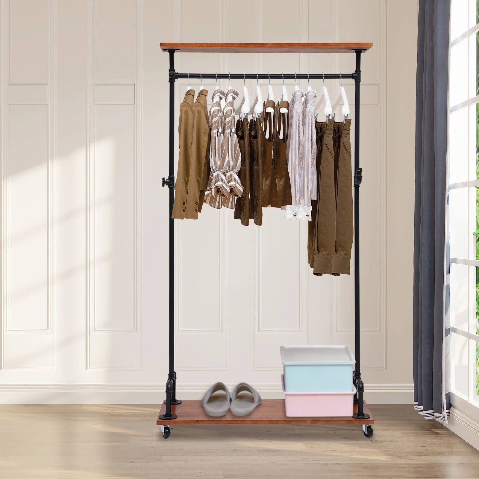 Clothes Rack Metal Clothes Rail Heavy Duty Clothes Rail W/ Wheel Rack for Coats For Home Clothing Store Clothes Rack&Wood Shelf