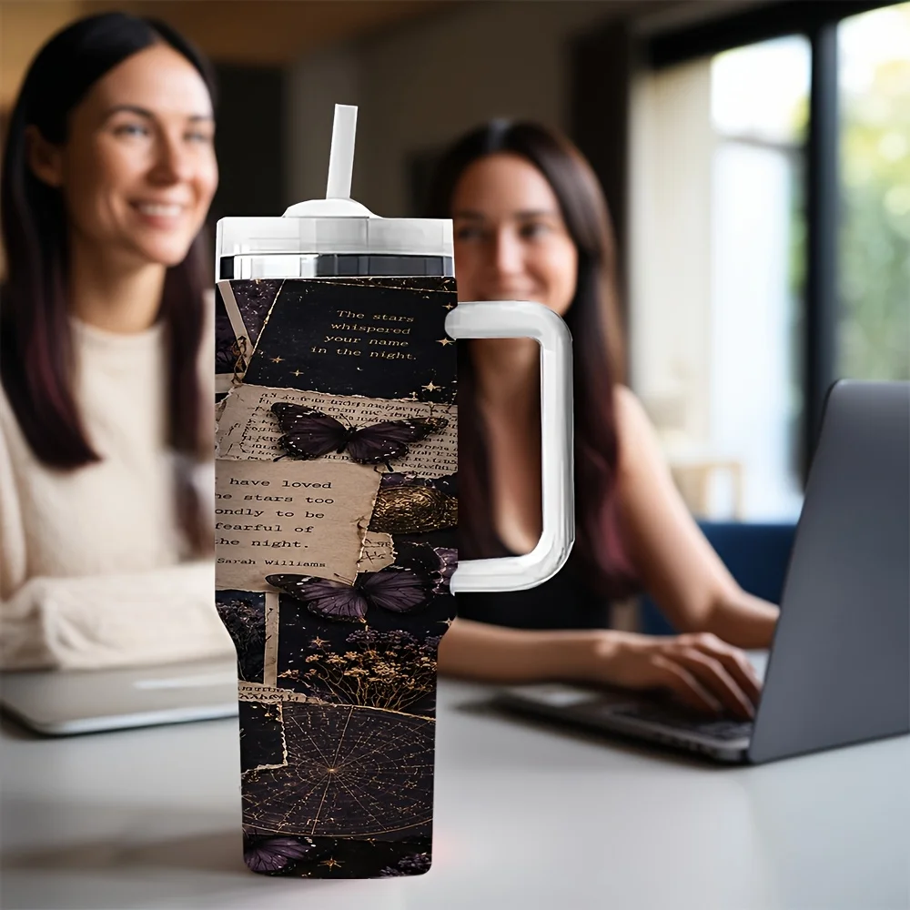 Vintage Dark Moon Butterfly Collage Print  Astrology Tumbler with Handle And Reusable Straw Suitable for Daily Drinking Use