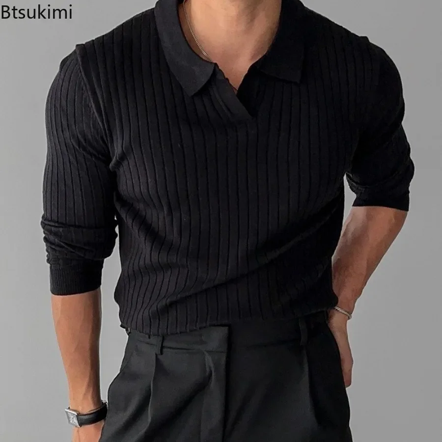 New 2025 Men's Knitted Long Sleeve Polo Shirt Fashion Slim Solid Lapel Sweaters Business Casual All-match Tops Men Wool Sweaters
