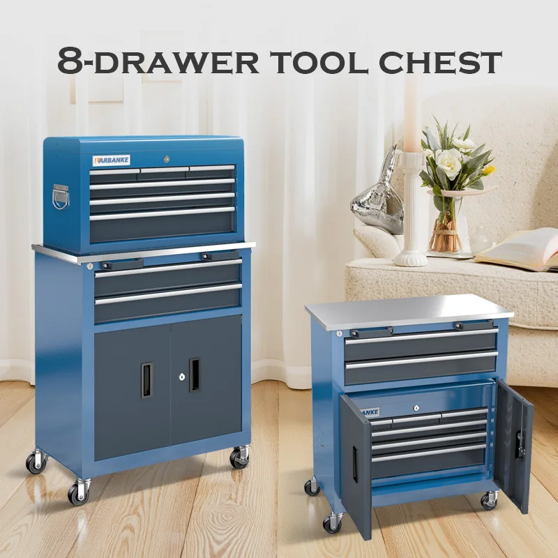 

Скринька для инструментов с 8 ящиками и колесами и дверцами, столешница из нержавеющей стали, раздвижной ящик, большой сундук для формовочного инструмента для верстака