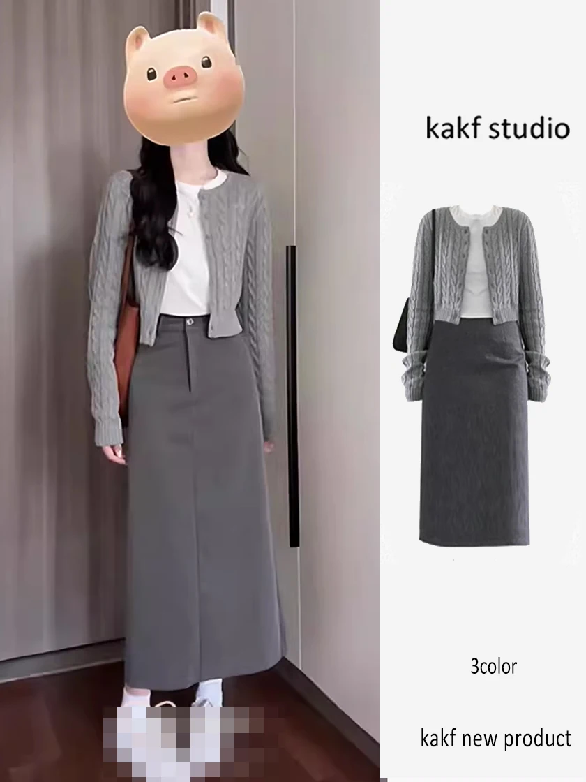 

Early Spring ort Sweater Cardigan High Waist Skirt Tee Piece Set Women's Faion College Sle Outfit Small Size