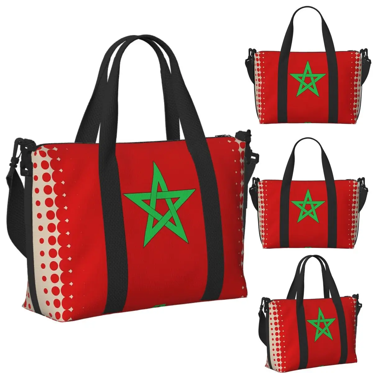

Custom Flag Of Morocco Retro Beach Travel Bag Large Capacity Tote Bags for Gym Sport Women Shopping Duffle Shoulder Bag