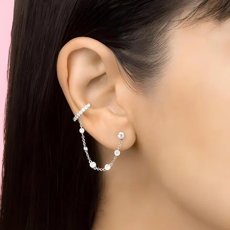 925 Sterling anting-anting perak modis warna, rantai warna zirkon klip telinga kancing kuping canggih wanita, hadiah Aksesori anting-anting mewah