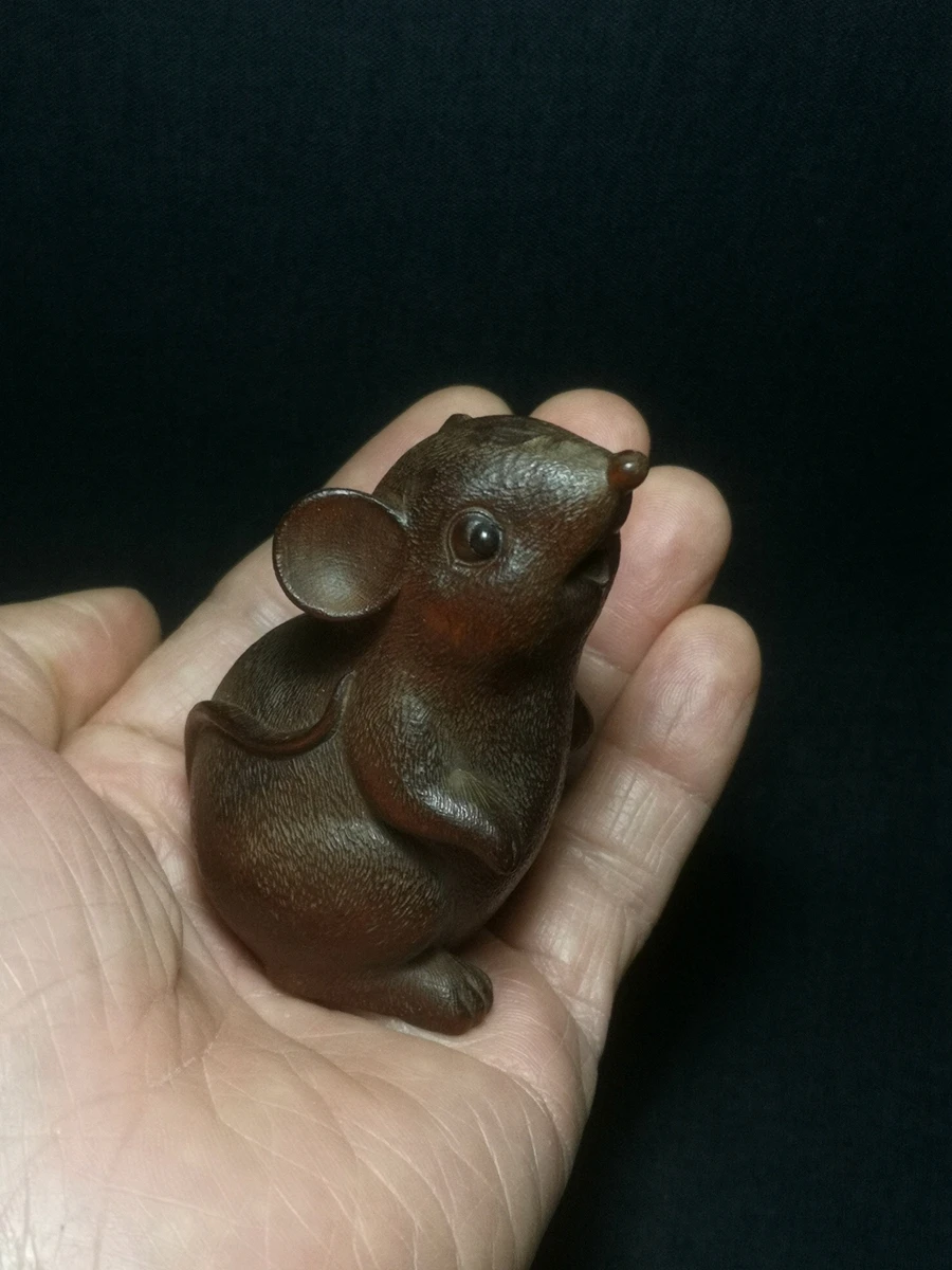 1919 Chinese Boxwood Hand Carved clever mouse figure statue netsuke Decoration Collection gift