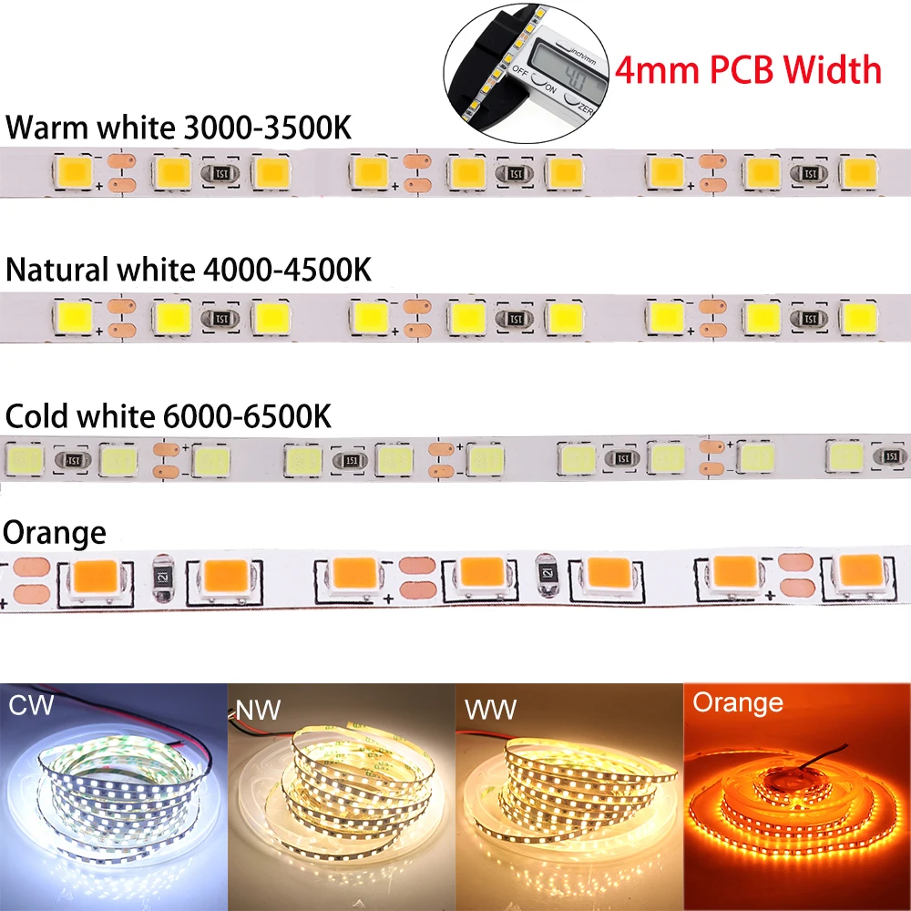 4mm Width DC12V LED Strip Light 5M 2835SMD 120LEDs/m Flexible LED Lamp Tape Cool/ Natural/ Warm White/ Orange for Decor Lighting