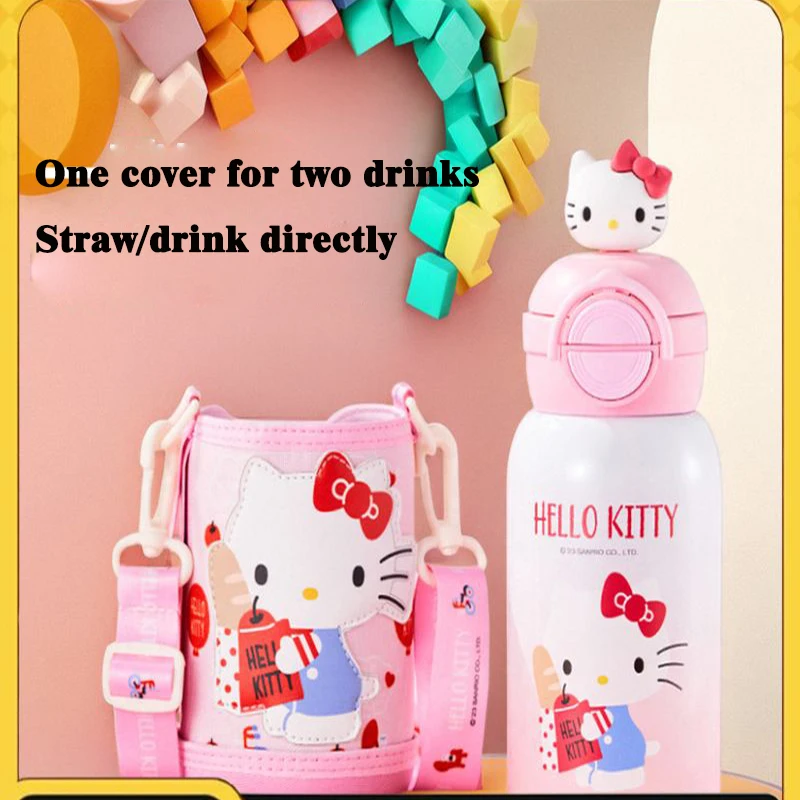 

Детский термос Hello Kitty, двойная бутылка для питья, нержавеющая сталь 316, студенческий милый соломенный чехол для чашки через плечо