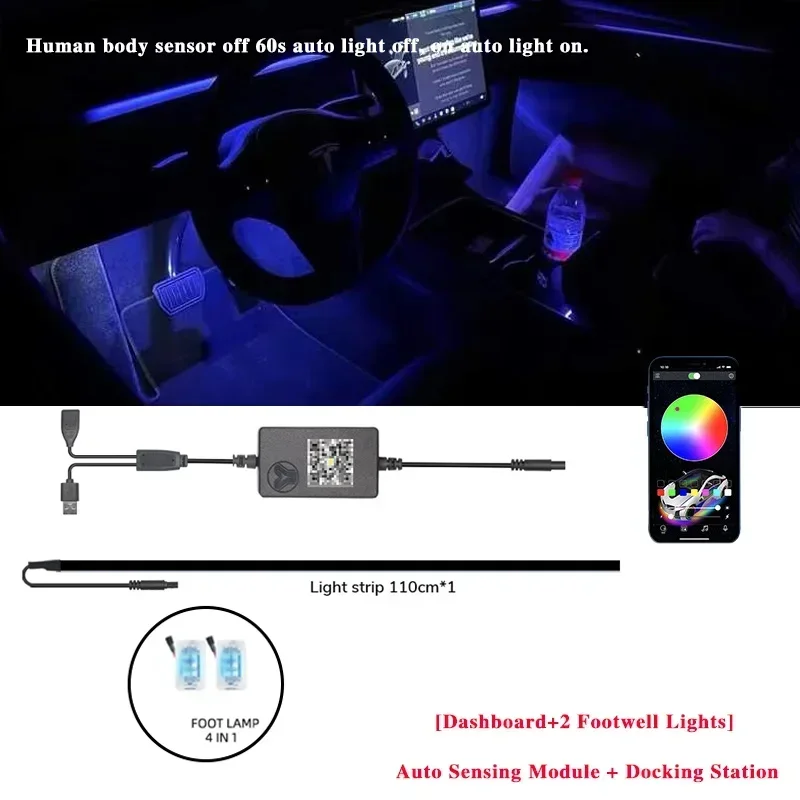 Voor Tesla Model 3/Y 2 IN 1 Dynamische Neon RGB Auto LED Sfeerverlichting 60 s Automatische UIT Module Dashboard Verlichting Decoratieve Lamp