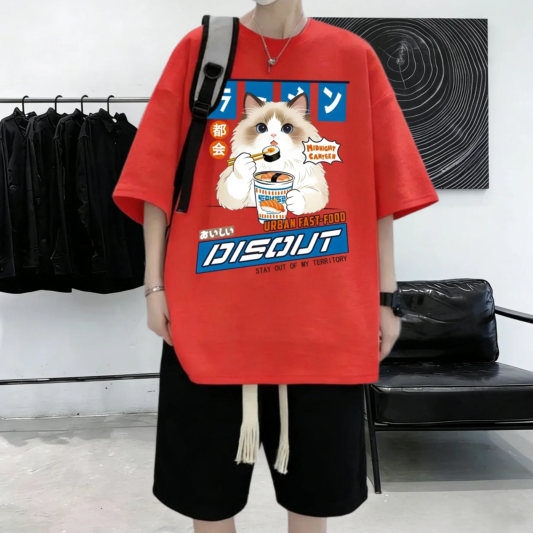 Puppet Cats Who Enjoy Eating Sushi Prints Cotton Summer Thin Clothing Male Youth Beach T Shirt Hip Hop Street Short Sleeve