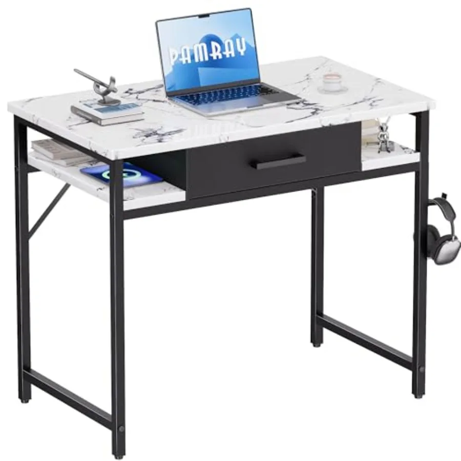 

32 Inch Small Computer Desk with Drawer and Shelves Simple Study Work Table for Bedroom
