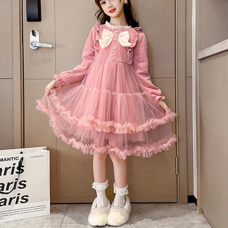 Baby Girls' Cute Costume Fall Children Mesh Lace Cotton Dress with Long Puff Sleeve Princess Dresses Winter Dress for Girls