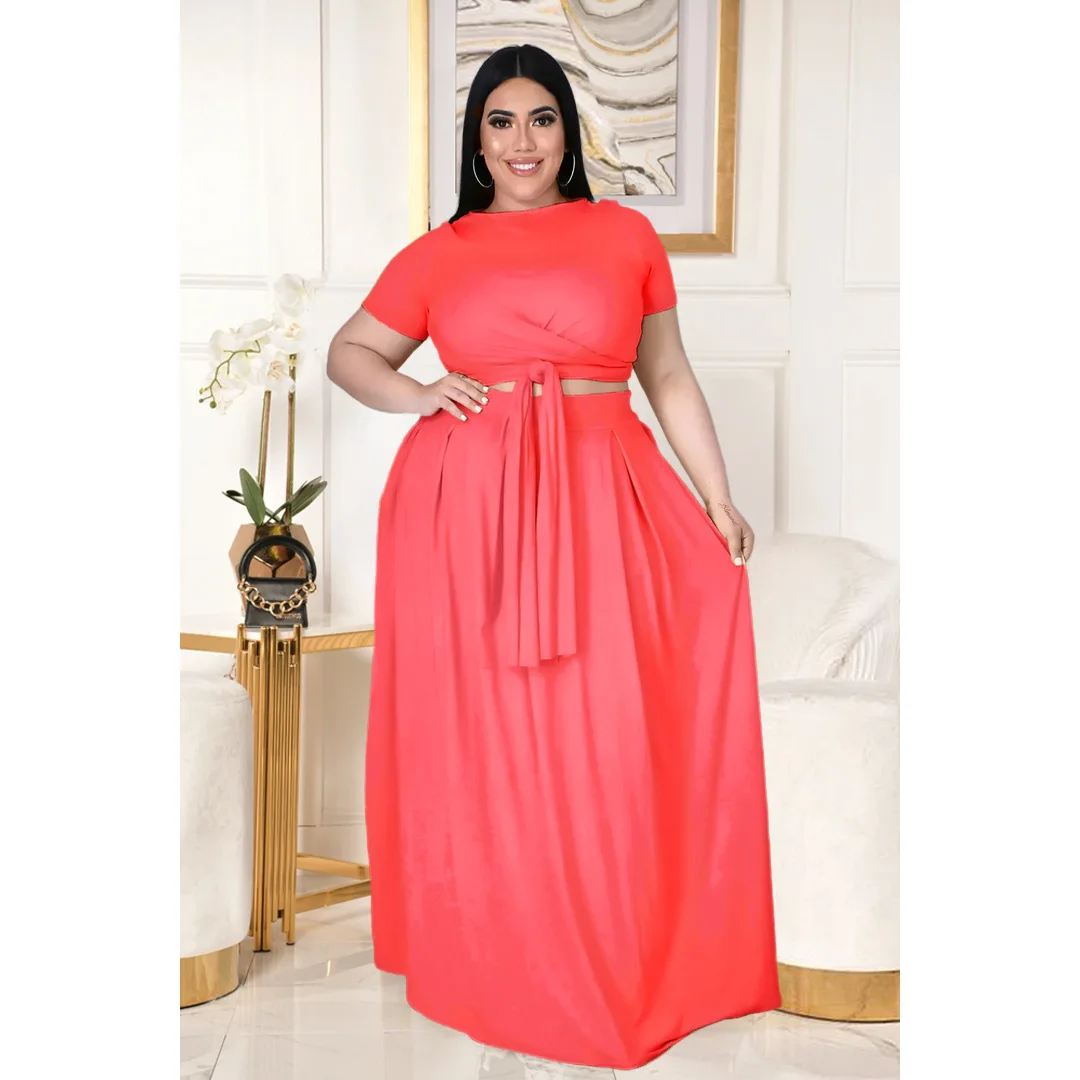 Plus Size O-neck Lace-up Cross Tie Large Swing Long Skirt 2-piece Set Crop Top Casual Elegant Suits Women Solid Party Clothing