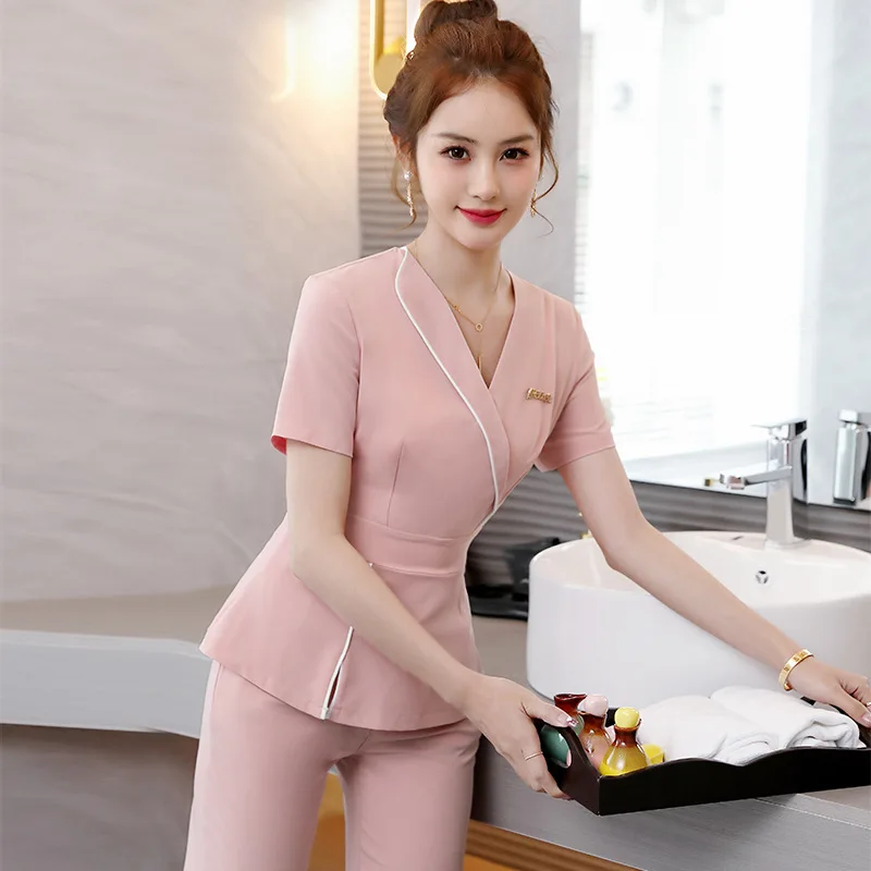 Beauty Salon Beautician Uniform Spa Masseuse Clothing Female Nail Technician Hotel Front Desk Work Clothes Top Plus Pants Set-BC