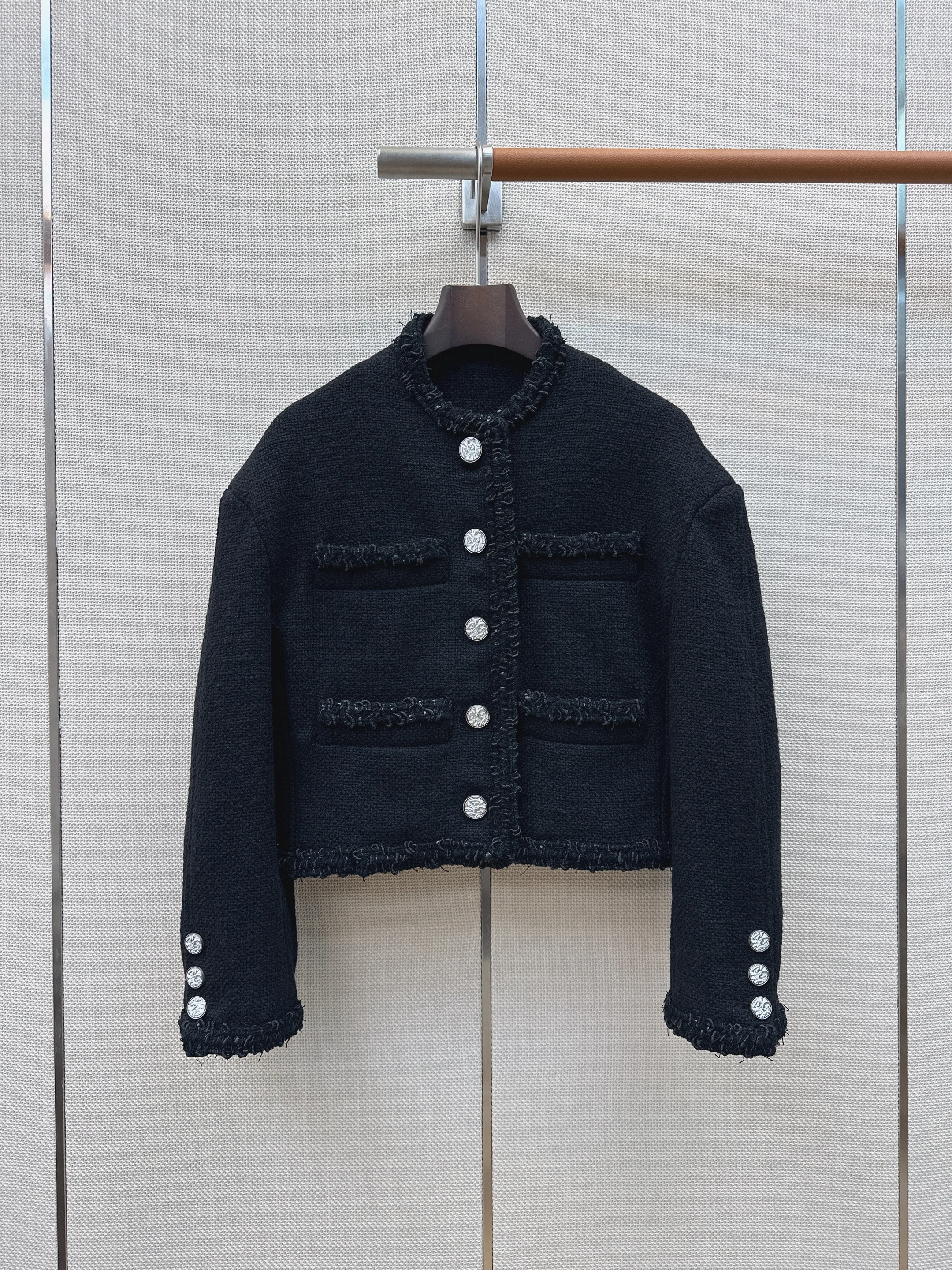 Women Black Short Tweed Blazer, Vintage Silver Buttons, Classic Woven Texture, 2026 New Arrival
