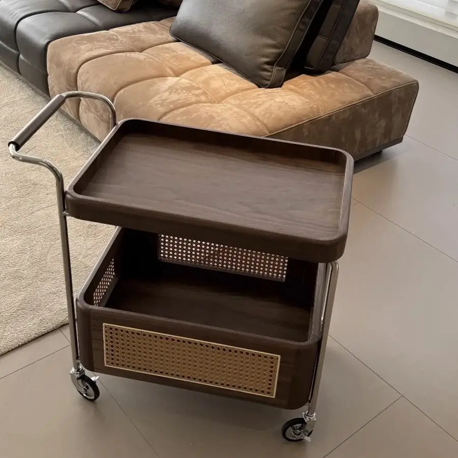 Nordic Walnut Side Table Rattan Storage Cabinet Mobile Living Room Coffee Table Sofa 2 Layer Organizer Shelf Wooden Rolling Cart