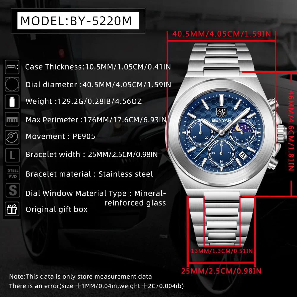 BENYAR new honeycomb dial men's watch, 30 meter waterproof stainless steel quartz luxury multifunctional timing men's watch