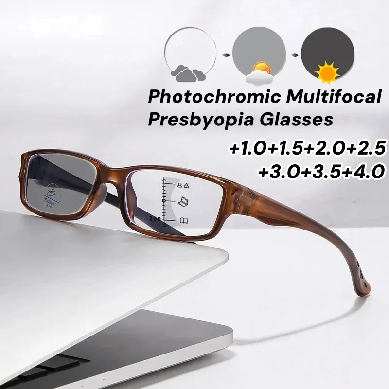 Sports Photochromic Reading Glasses for Women Men Vintage Color Changing Progressive Multifocal Presbyopia Glasses