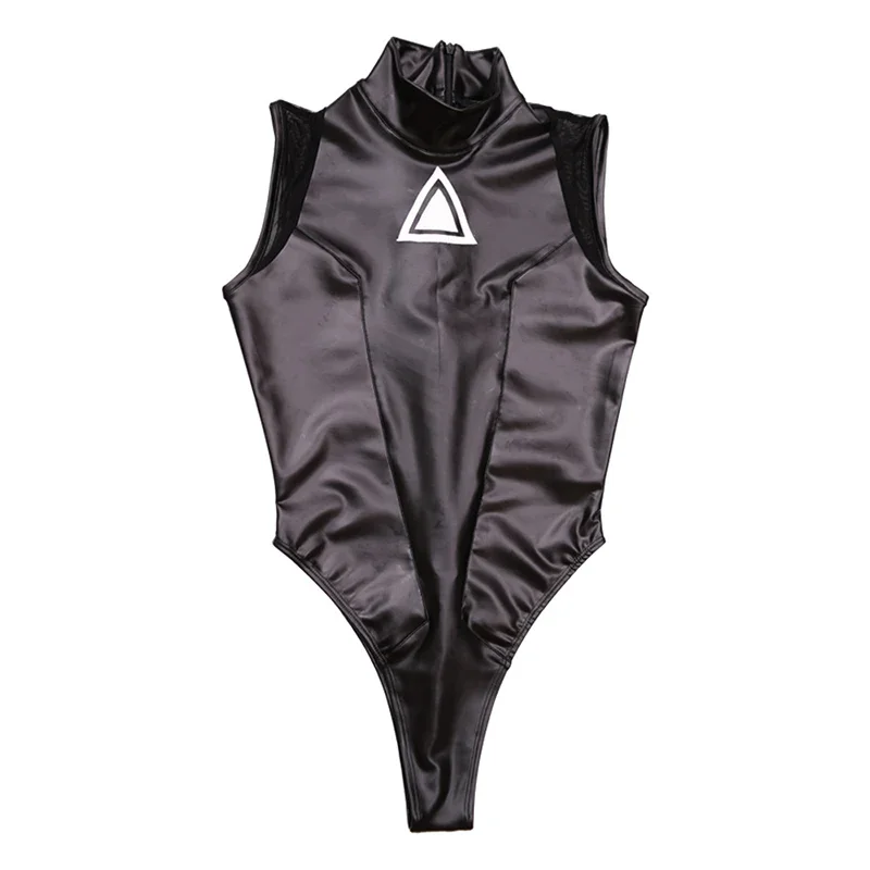 Women Sexy PU Leather Bodysuits Sleeveless Mesh Stitching Faux Latex Bodycon Jumpsuits Ladies Nightclub Cosplay Rompers Custom