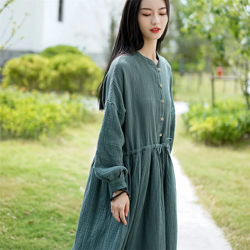 

Elegant Vintage Cotton Linen Women's Dress Chinese Style Button Stand Collar Casual dress Soft plus Size dress Vestidos
