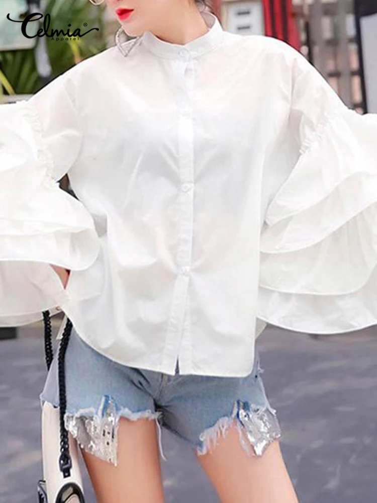 Celmia 2023 Fashion Long Flare Sleeve Women Blouses Vintage Ruffled Party Shirts Casual Long Sleeve Tops Buttons Elegant Blusas